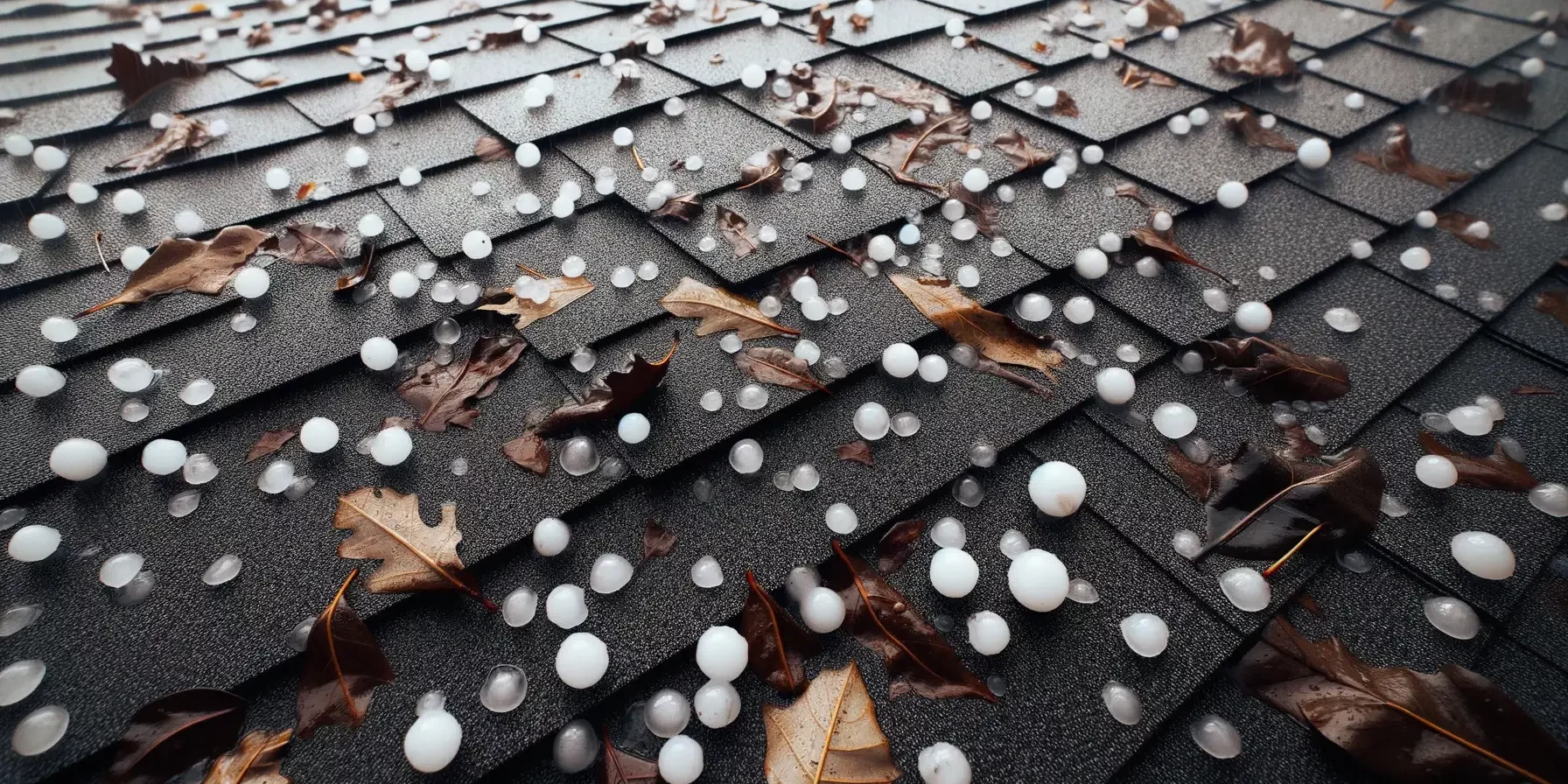 DALL·E 2023-10-11 15.21.14 – Photo of a rooftop after a hailstorm, showcasing the aftermath. There are scattered leaves and twigs, alongside noticeable dents on the shingles from littleton roofing hail