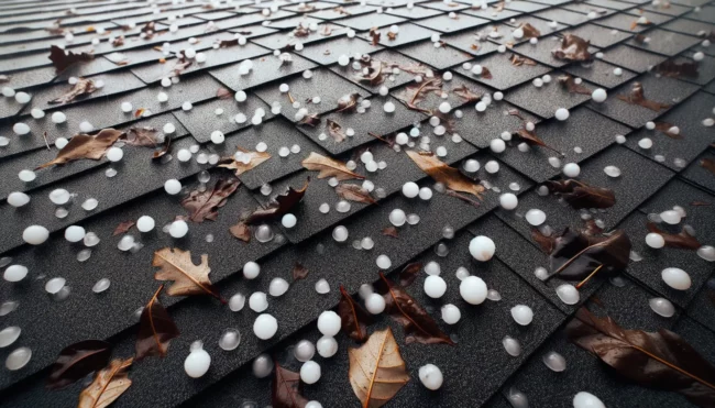 DALL·E 2023-10-11 15.21.14 – Photo of a rooftop after a hailstorm, showcasing the aftermath. There are scattered leaves and twigs, alongside noticeable dents on the shingles from littleton roofing hail