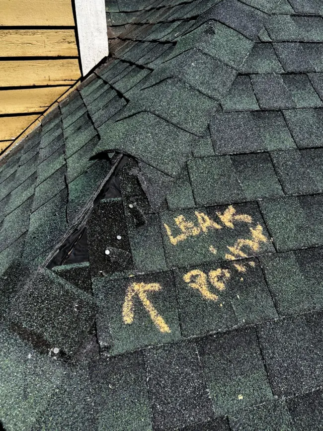 Leak in Shingle Leak in the asphalt shingle valley; missing shingles and exposed nails.