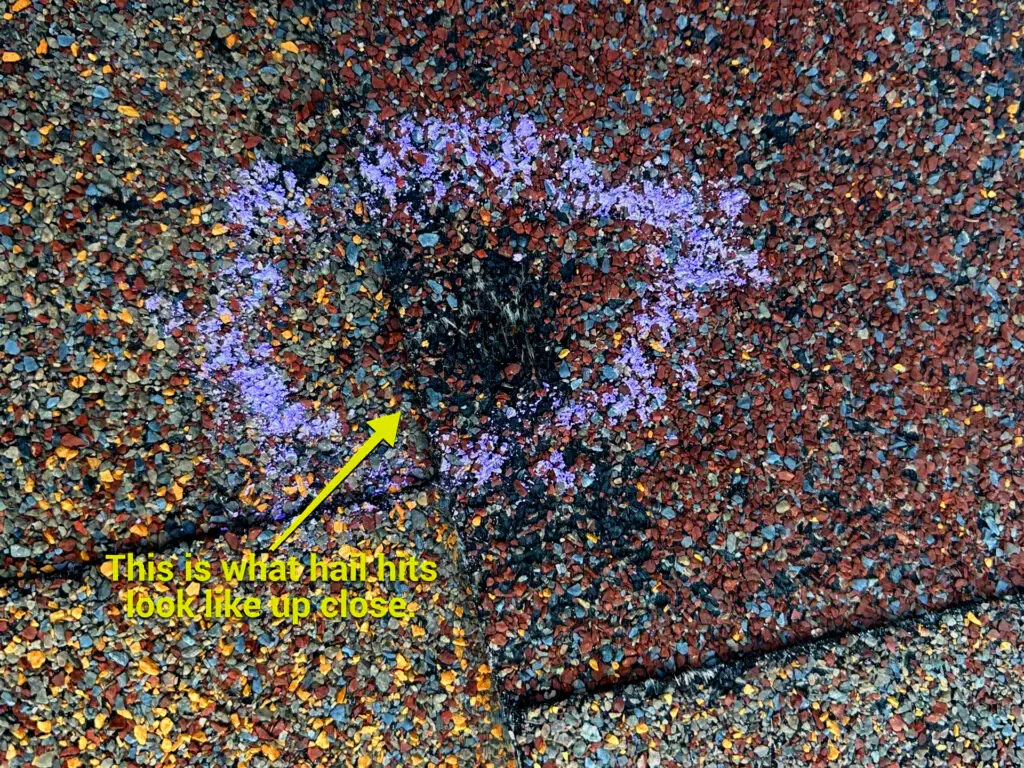 Hail damage on a roof in Littleton, Colorado.