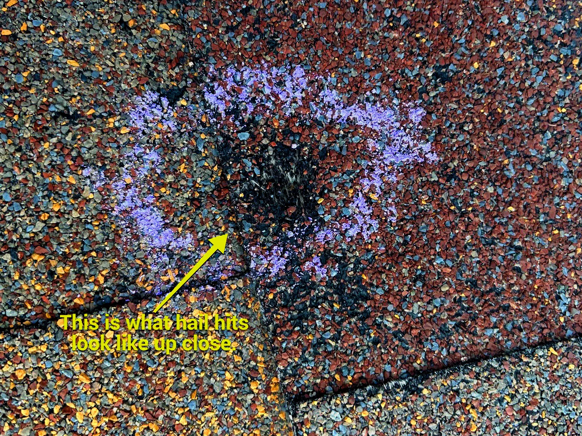 Hail damage on a roof in Littleton, Colorado.