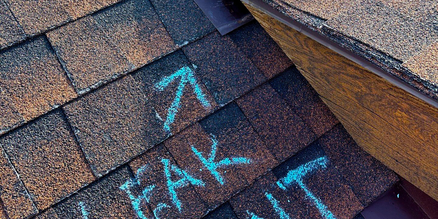 Leak point in a roof Asphalt shingle roof with “LEAK POINT” chalked pointing to faulty flashing at a roof-to-wall/valley intersection—illustrating a common Colorado roof leak that needs repair.