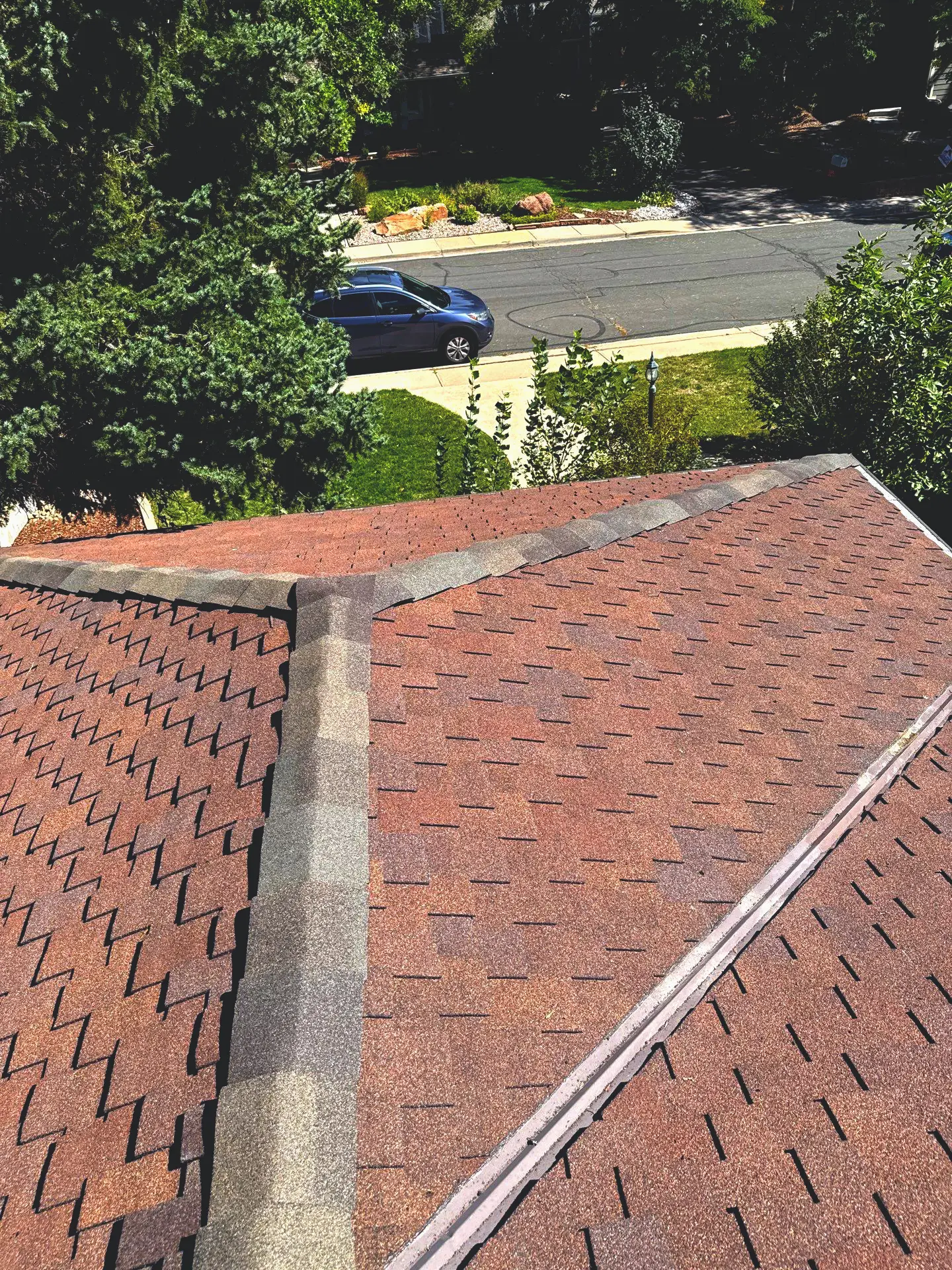View from rooftop showing asphalt shingle patterns