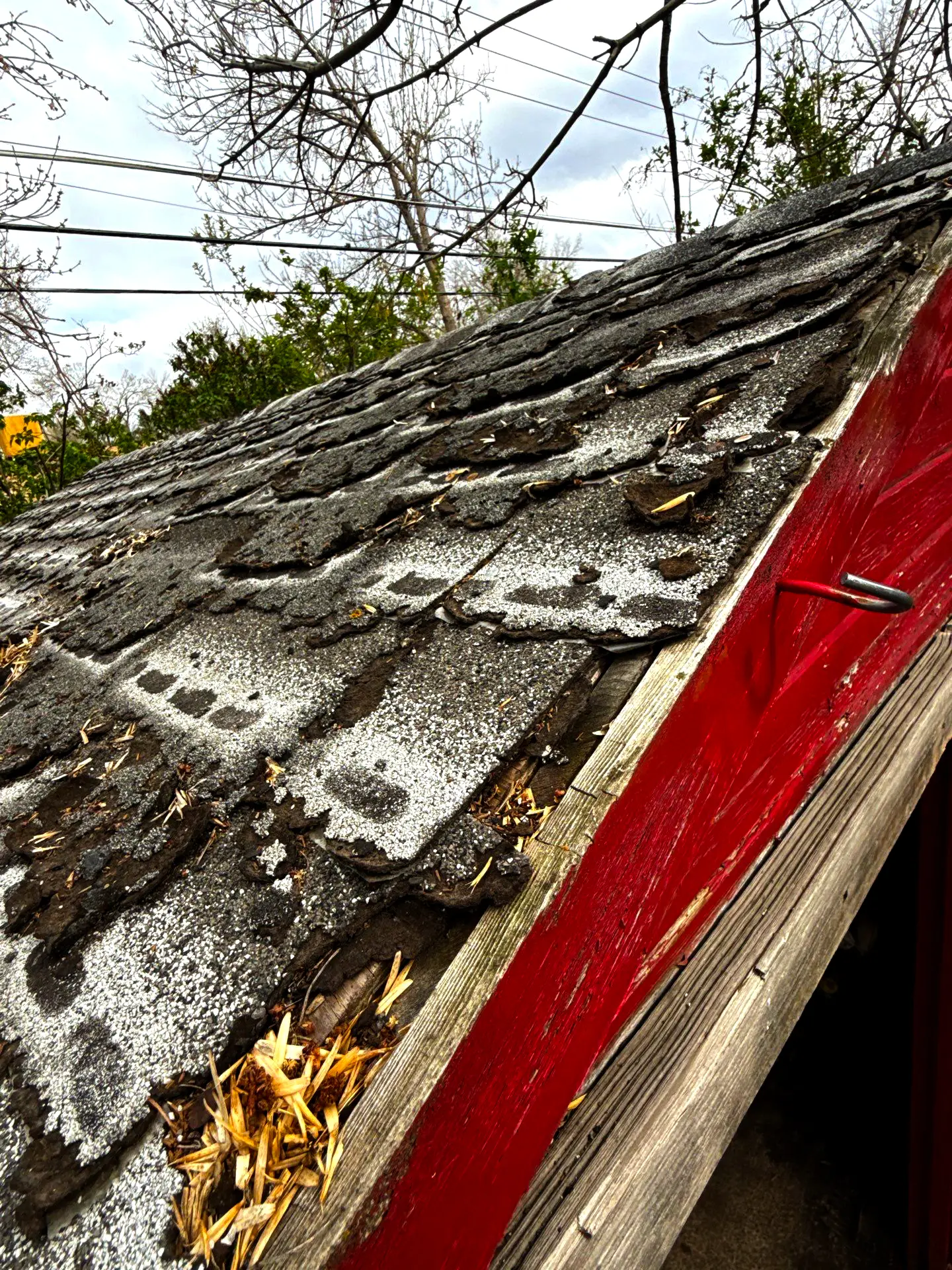 Old roof with severely damaged asphalt shingles, visible curling and cracking, and debris near the red wooden edge, showing signs of weather wear and urgent need for roof repair.