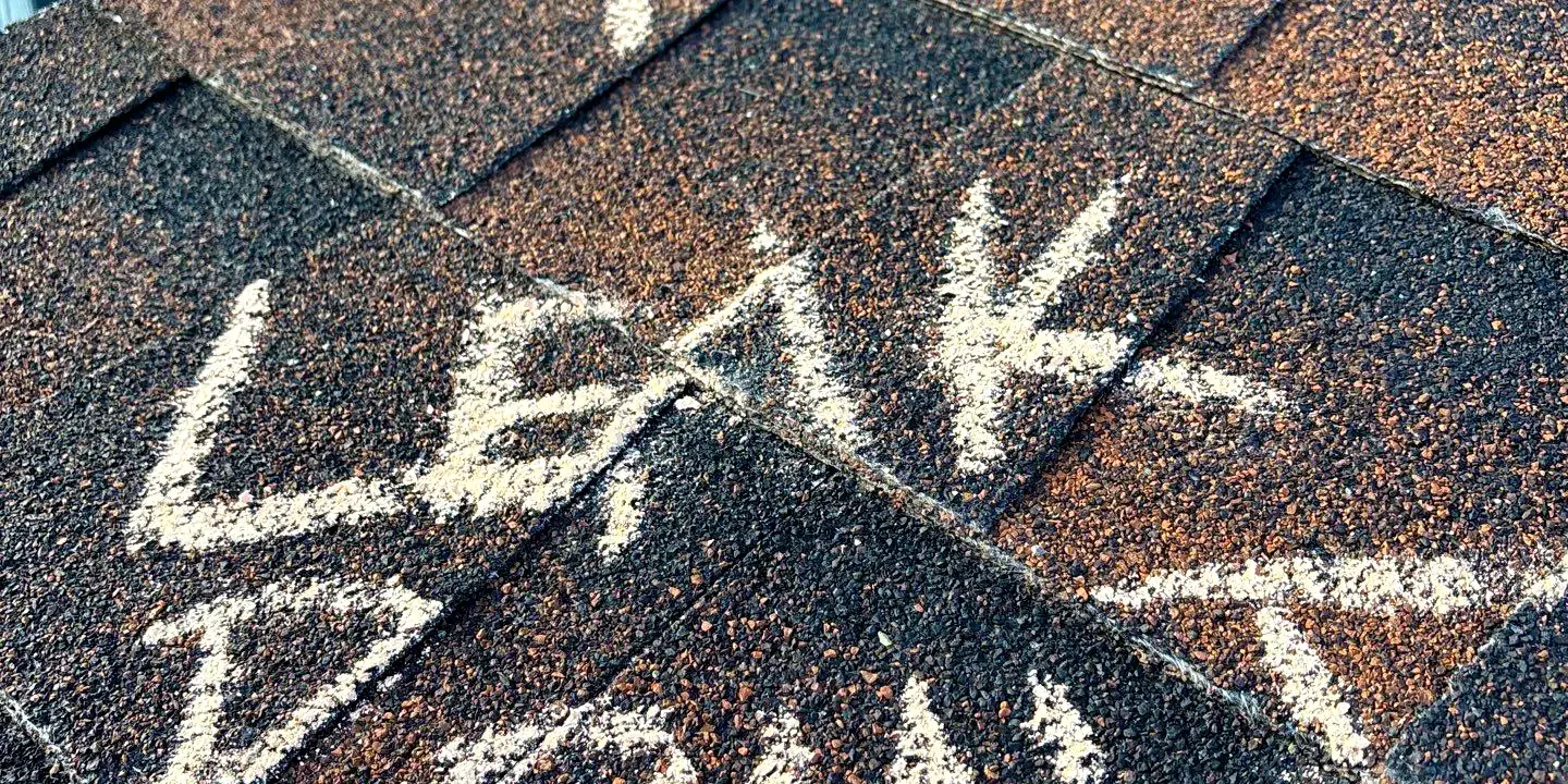 Roof shingles marked indicating an active roof leak. Residential roof shingles marked indicating an active roof leak.