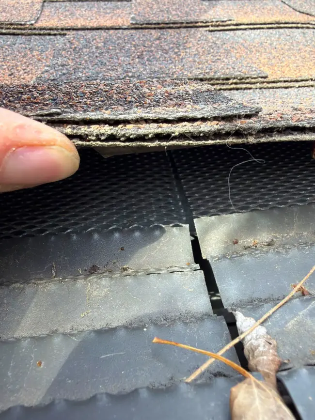 Cracked asphalt shingles Lifted and cracked asphalt shingles with visible separation between layers, indicating roof damage that requires repair.