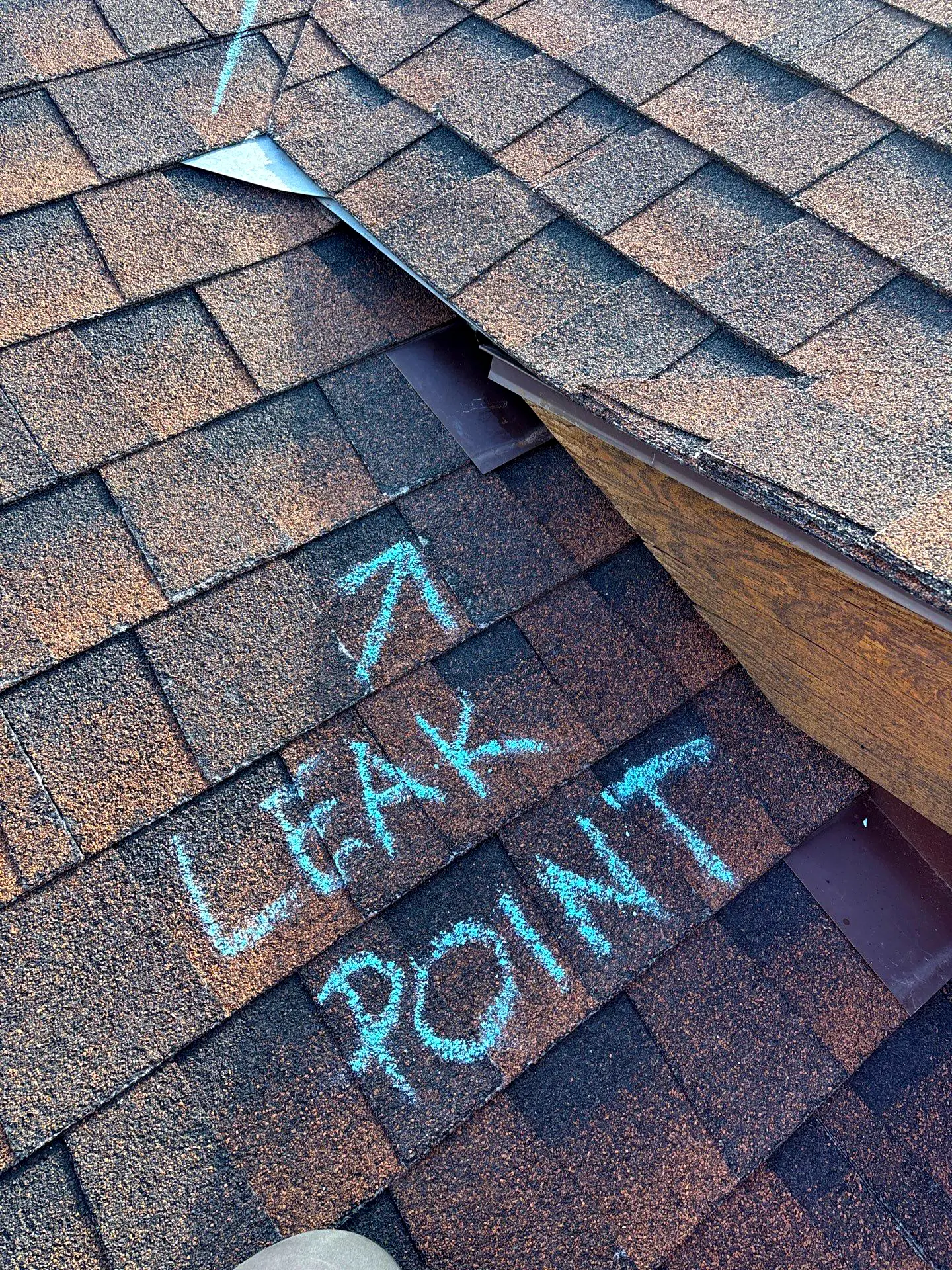 Close-up of asphalt shingle roof showing damage and a marked leak point during a professional roof repair inspection in Littleton, CO.