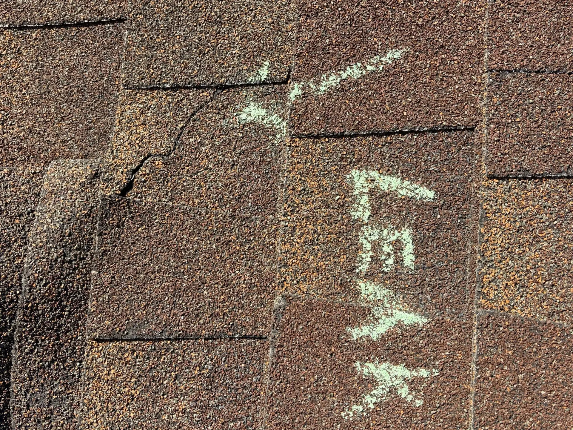 Close-up of asphalt roof shingles with hail impact damage, highlighting cracks and wear illustrating why homeowners upgrade to Class 4 impact-resistant roofing.