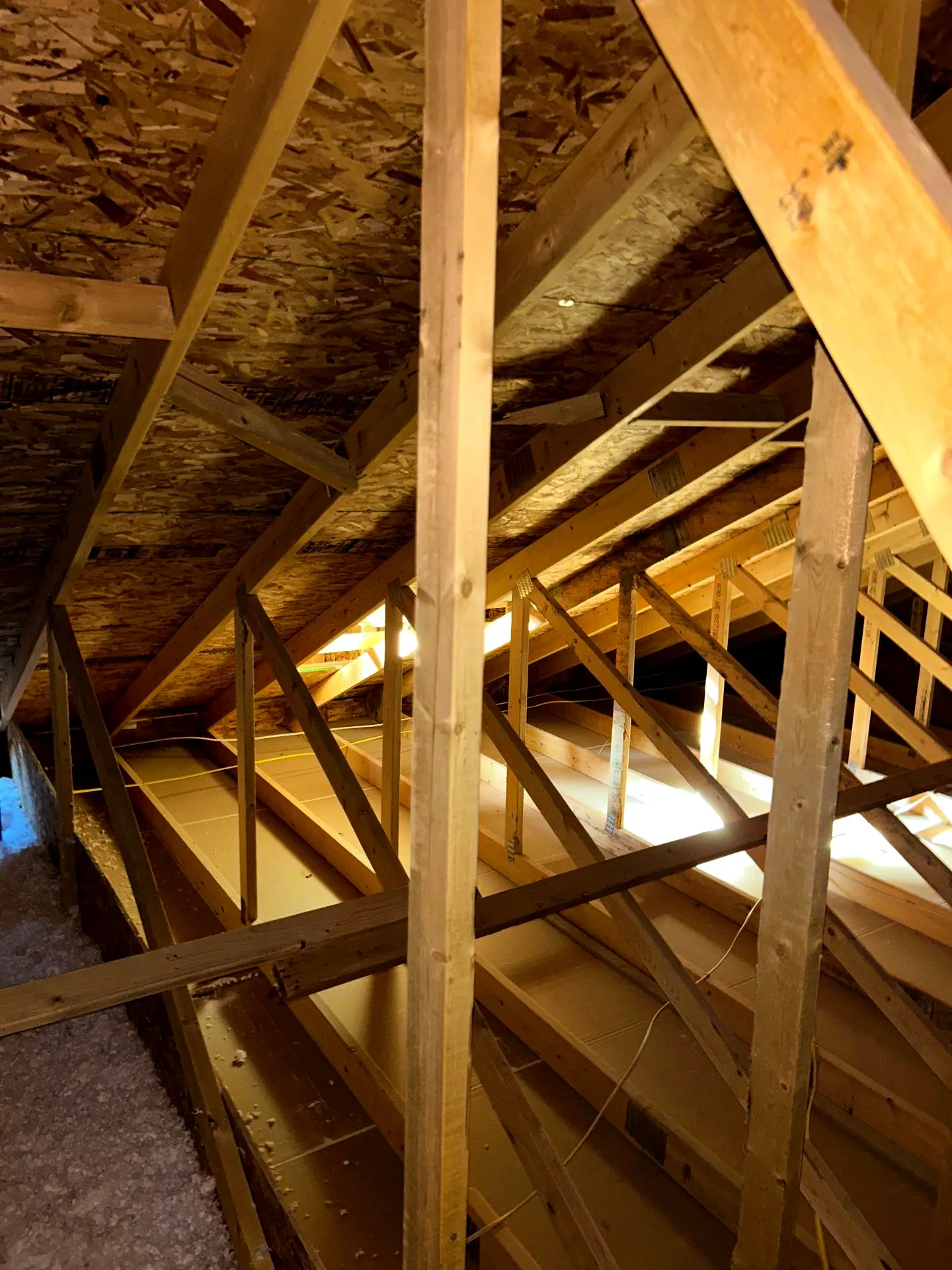 Interior view of a residential attic showing wooden roof trusses, roof decking, and insulation, illustrating structural framing and potential areas for hidden roof leaks or attic water damage.