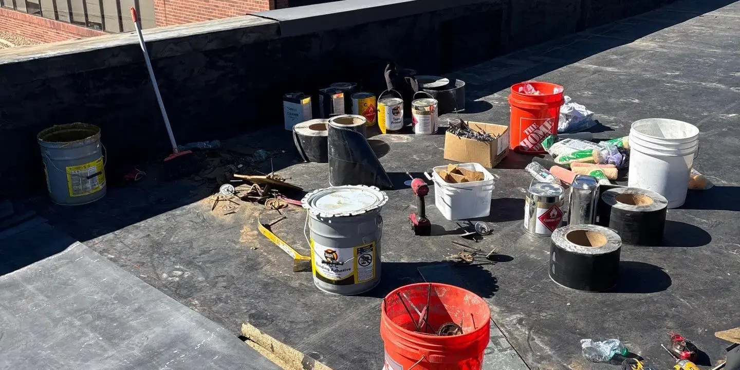 Flat roof repair Flat roof repair work on a commercial building