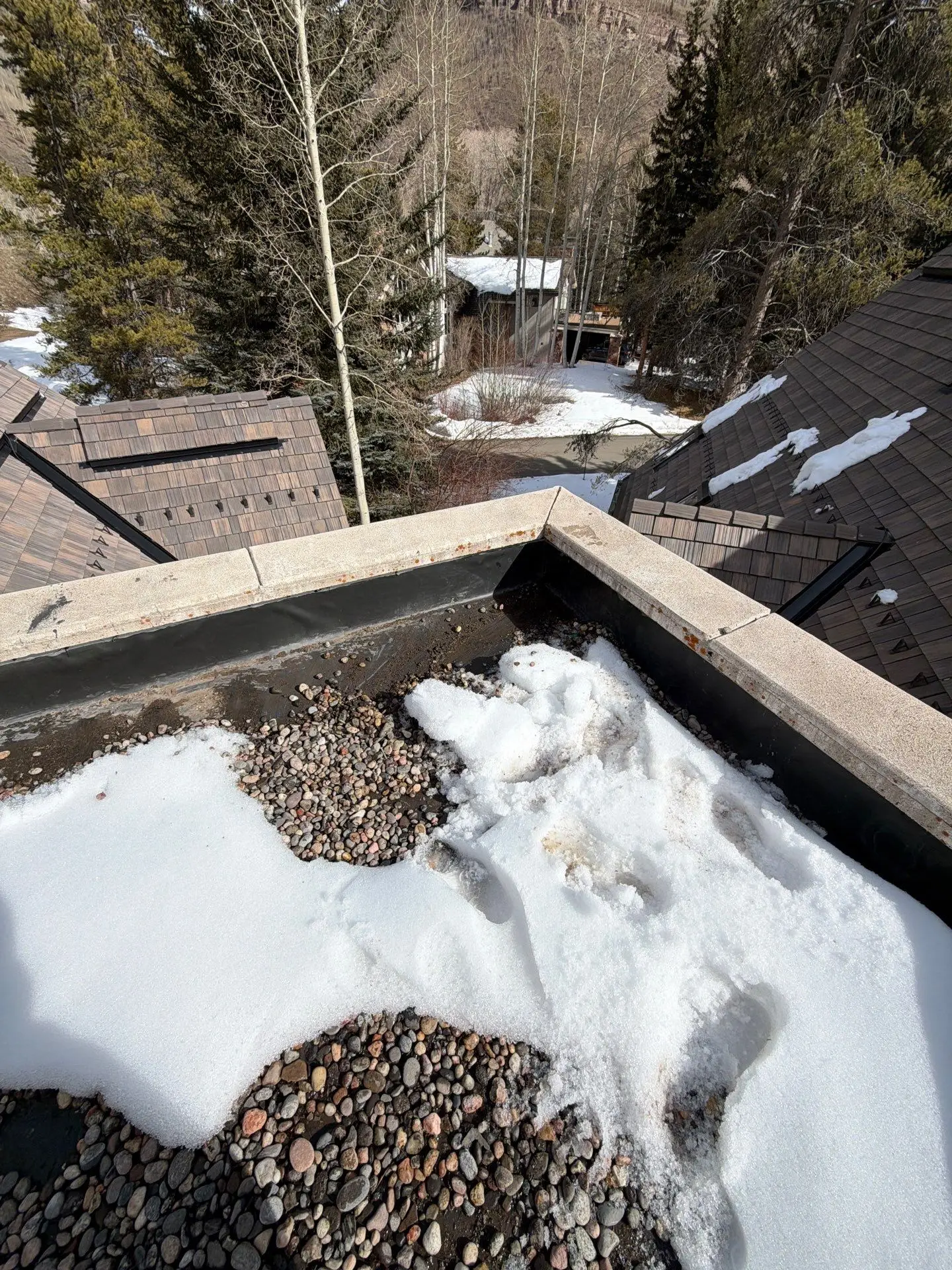 Flat roof with melting spring snow, gravel, and visible drainage areas in a Colorado mountain property surrounded by trees.