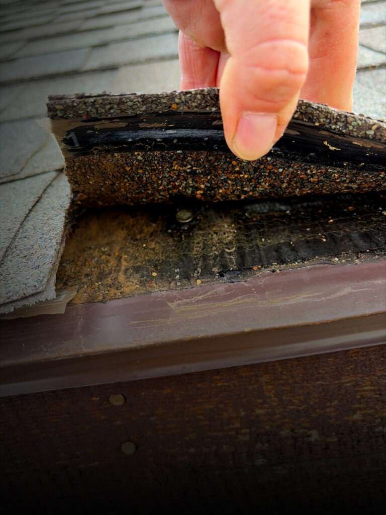 Close-up of lifted asphalt roof shingle showing exposed underlayment, nail, and possible wind damage near the roof edge.
