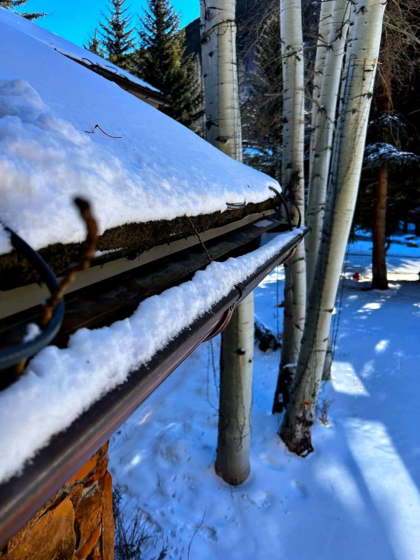 Snow-covered roof and gutter in a mountain home, showing winter roofing conditions and snow buildup near trees.